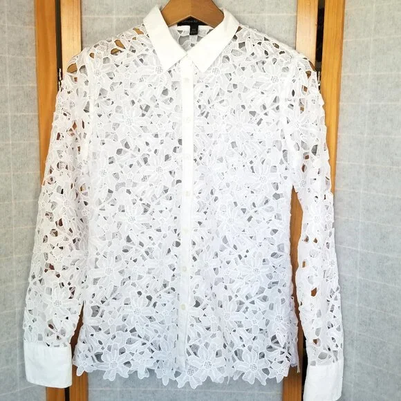 Banana Republic White Lace Top Size XS Long Sleeve Button Down Battenburg Floral - Picture 4 of 11